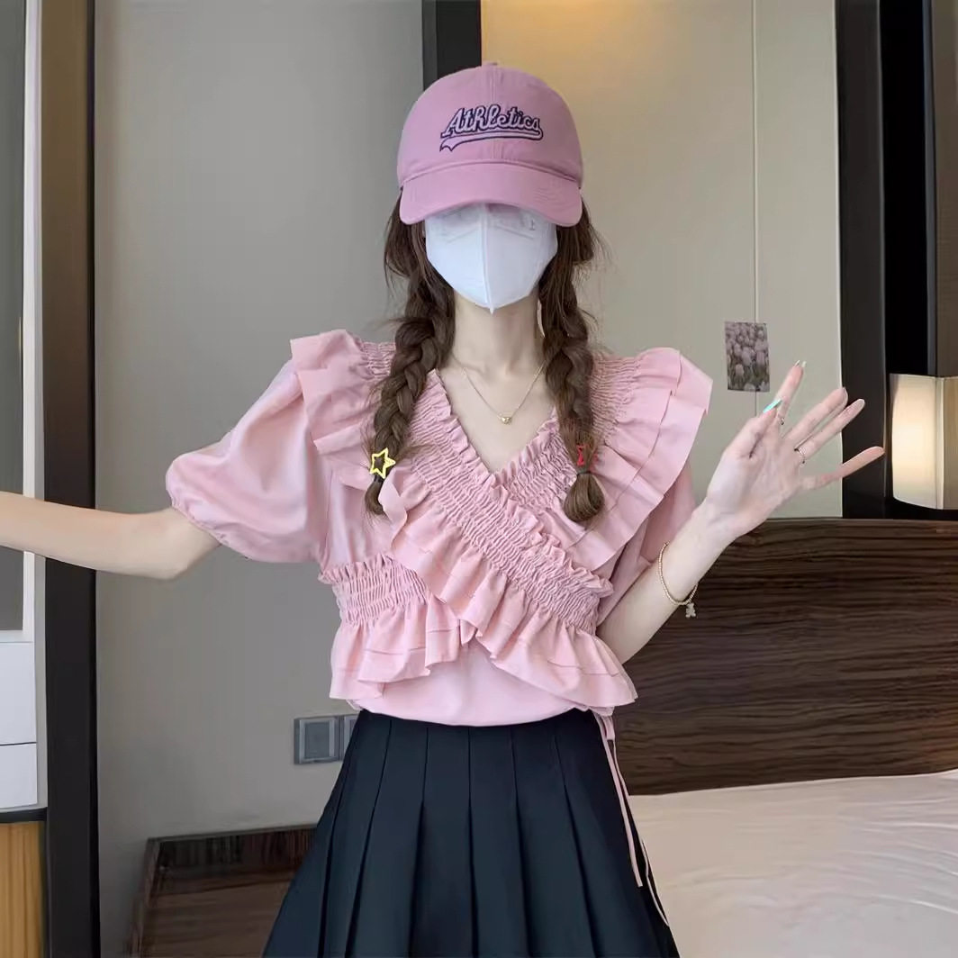 夏季甜美V领荷叶边短款雪纺衬衫