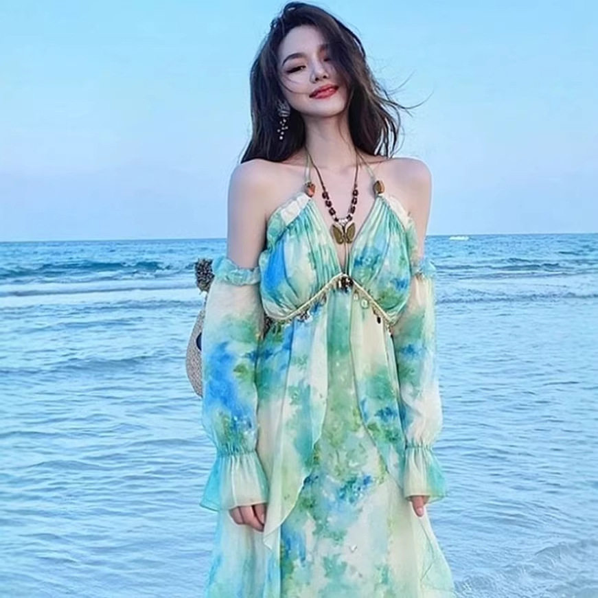 海边度假法式小众碎花露肩连衣裙