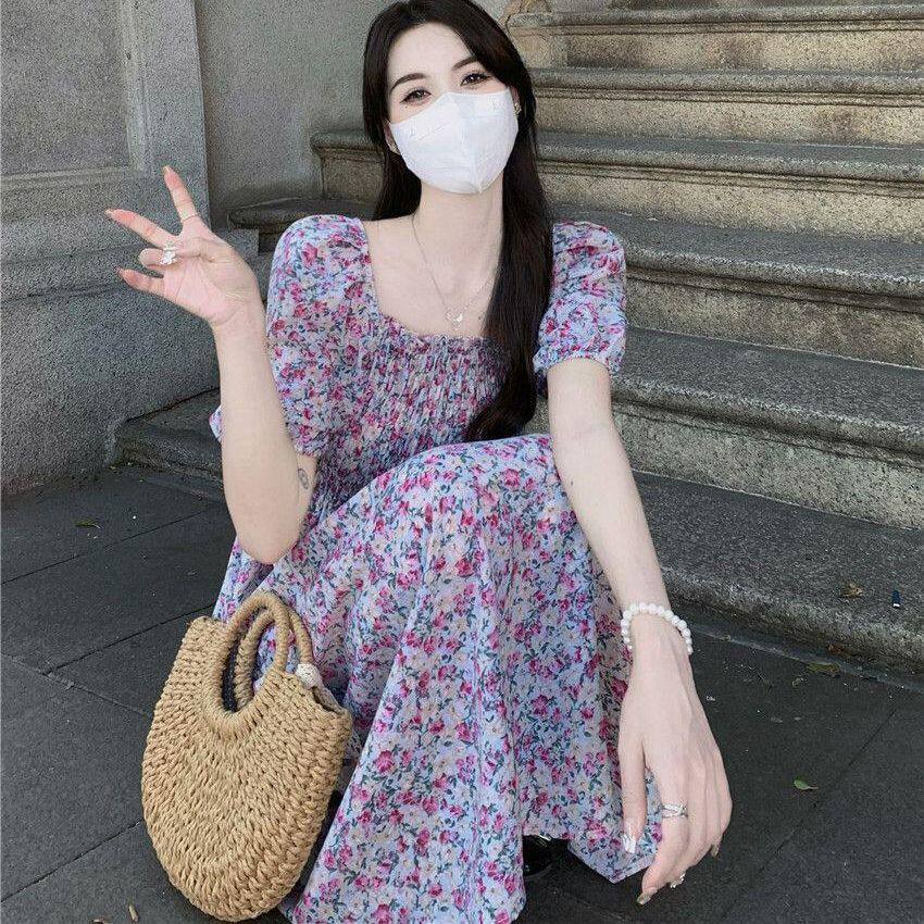 法式碎花泡泡袖方领显瘦连衣裙女