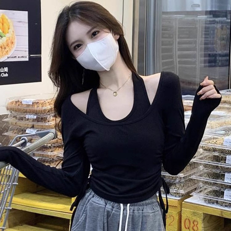 设计感长袖t恤女装秋冬辣妹挂脖小众修身显瘦短款内搭打底衫上衣