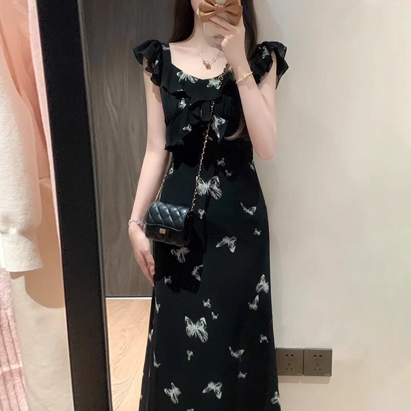 夏季小个子黑色修身鱼尾连衣裙女