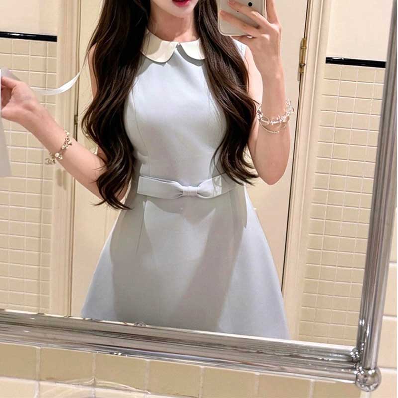 韩系复古娃娃领收腰显瘦连衣裙女