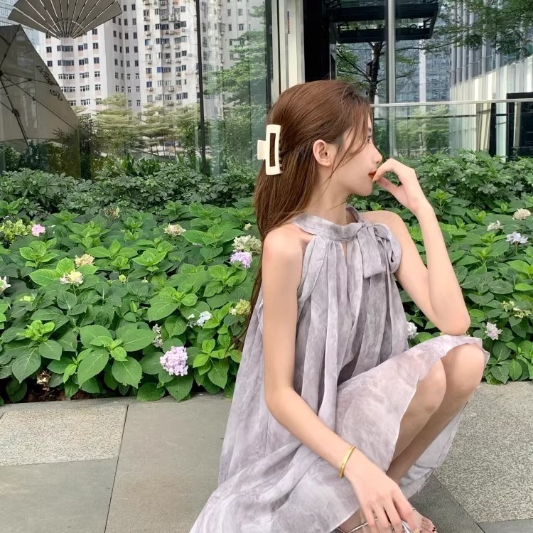 知性风A字裙新款国风挂脖吊带