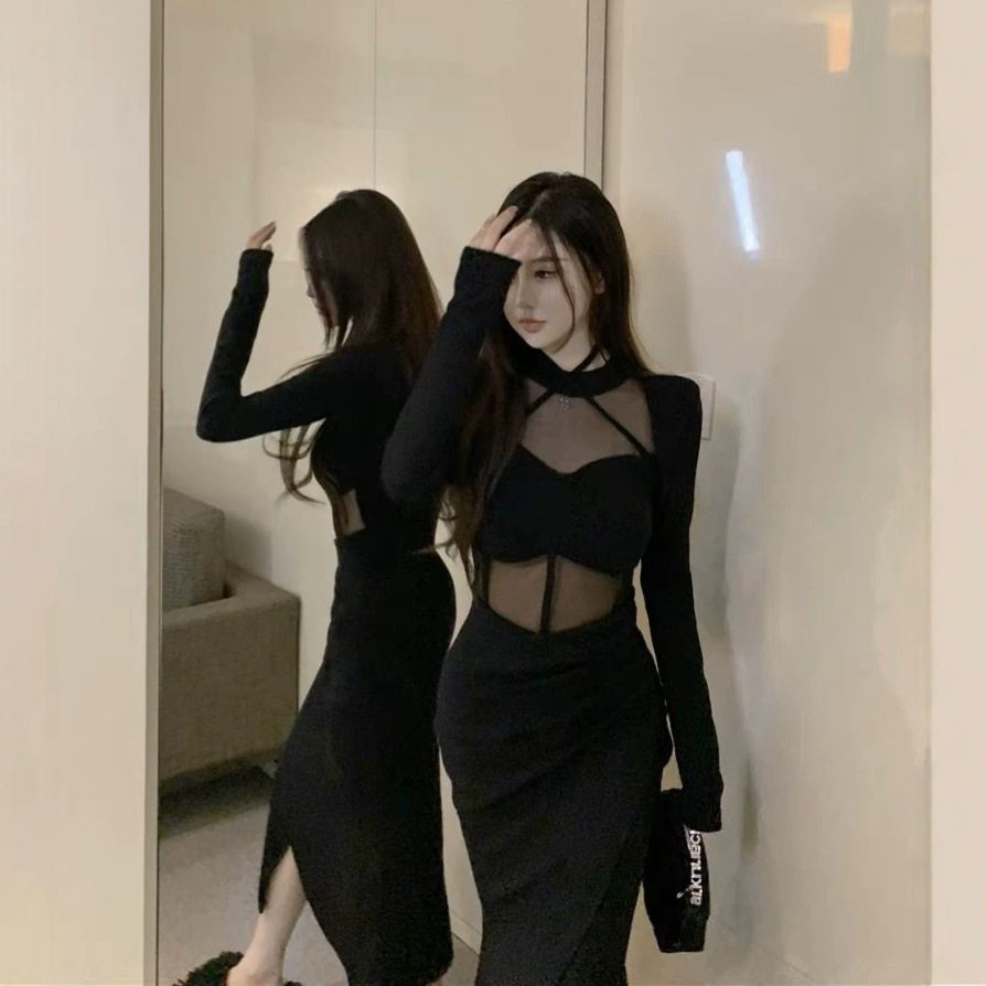 秋季辣妹黑色鱼骨网纱修身连衣裙