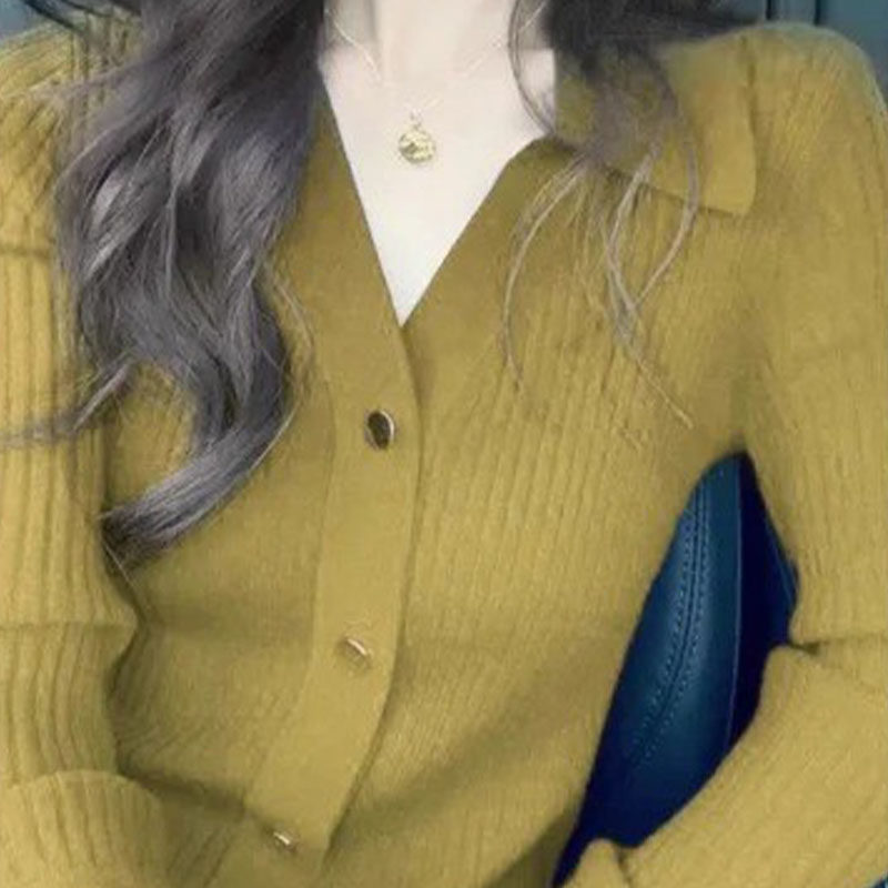 复古蓝色polo领设计感针织衫女2025秋季新款纯色修身显瘦长袖上衣