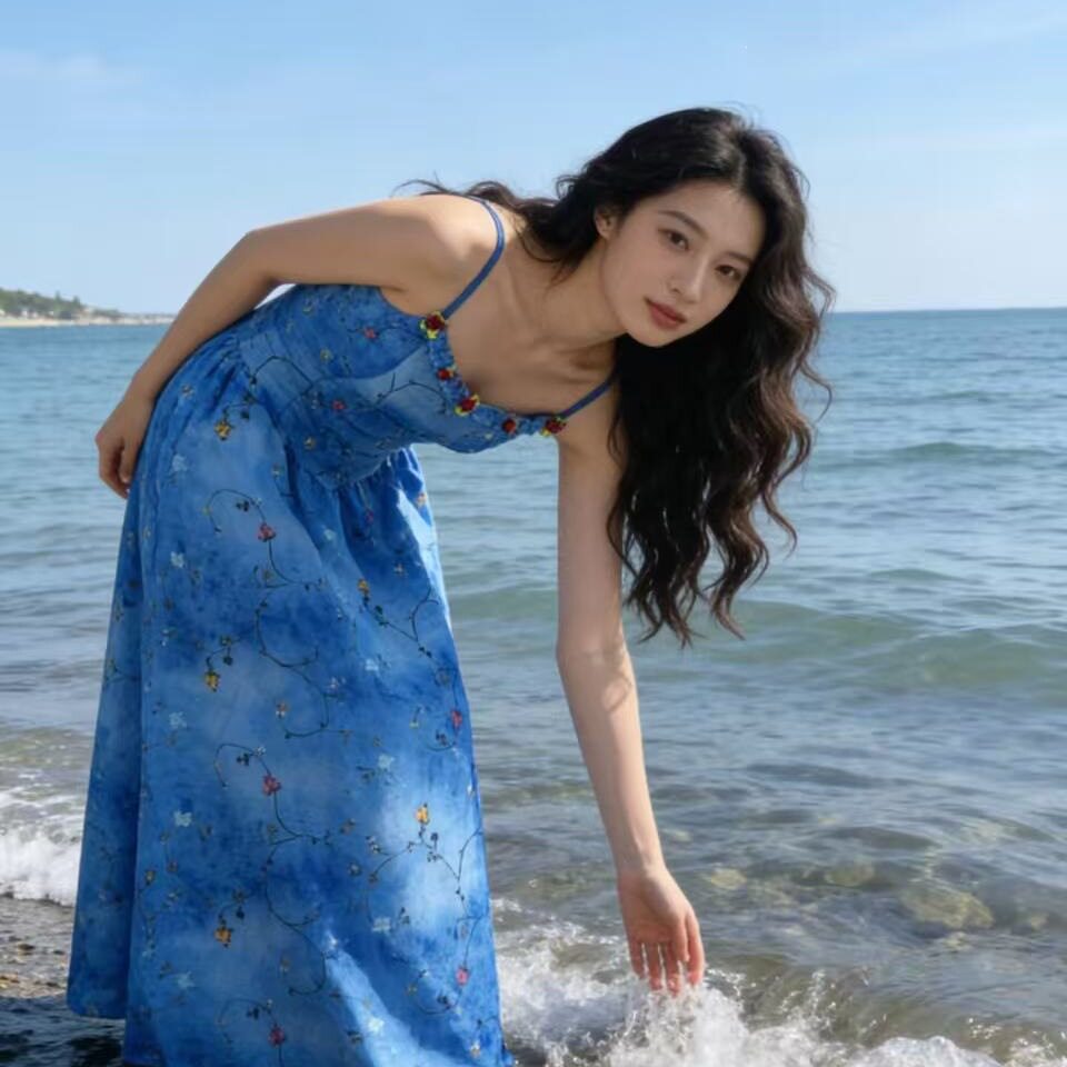 2026夏季新款绝美收腰碎花长裙子法式旅游度假风蓝色吊带连衣裙女