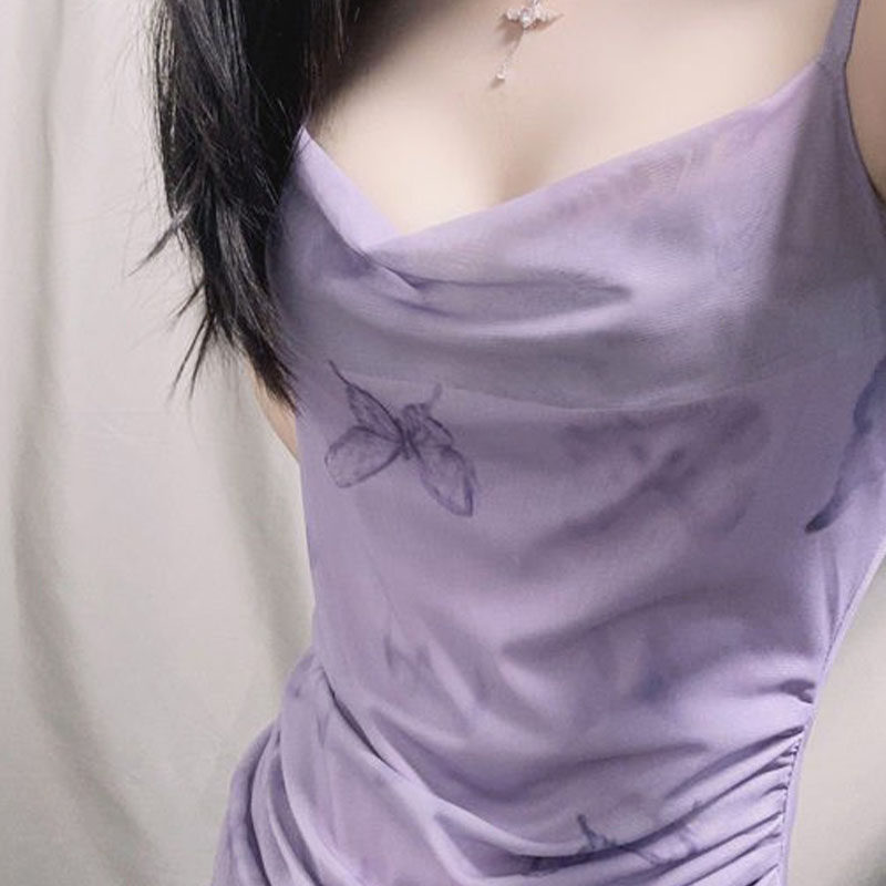 紫色蝴蝶印花网纱包臀吊带连衣裙