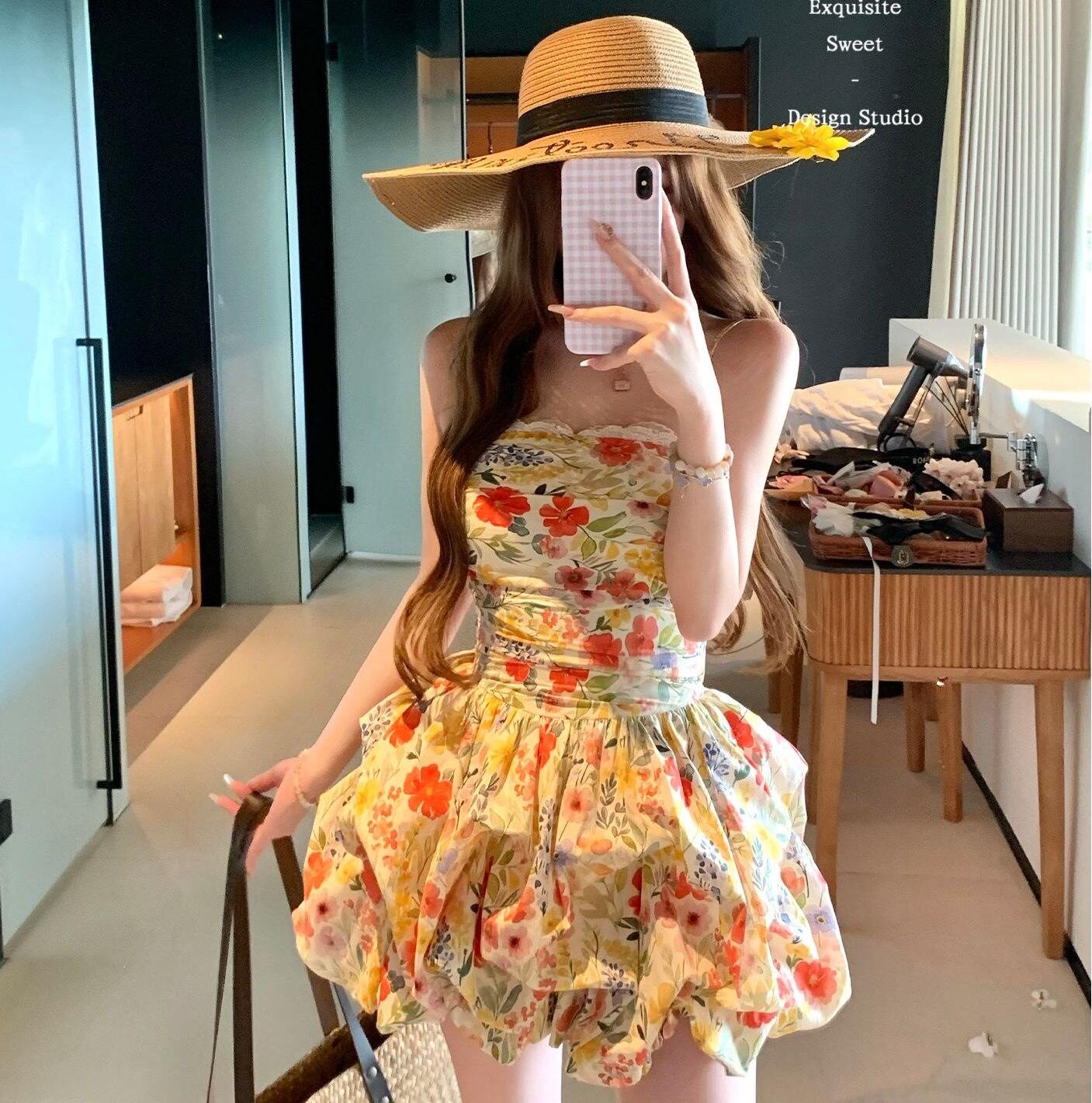法式花神芙罗拉鱼骨抹胸上衣套装女夏季辣妹度假蓬蓬半身裙两件套