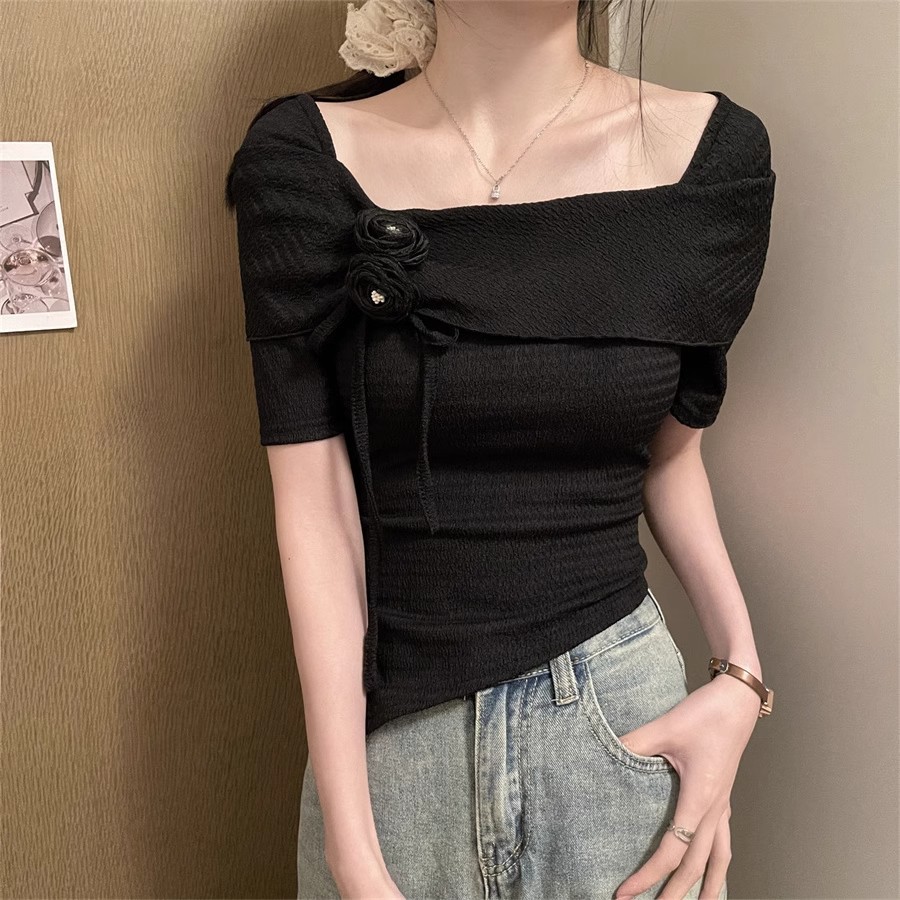 夏季甜美方领一字肩花朵T恤女
