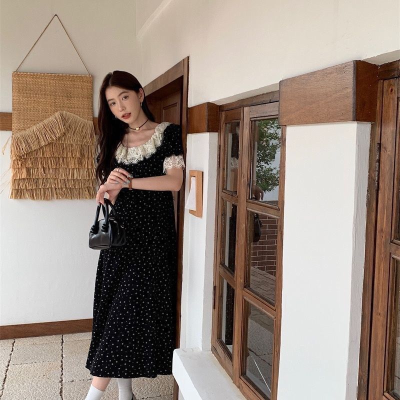 夏季法式黑色碎花荷叶领茶歇裙女