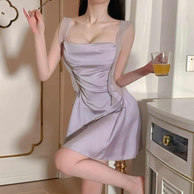 美诗兰冰丝睡衣女春夏性感吊带荡领睡裙睡袍夏天纯欲带胸垫