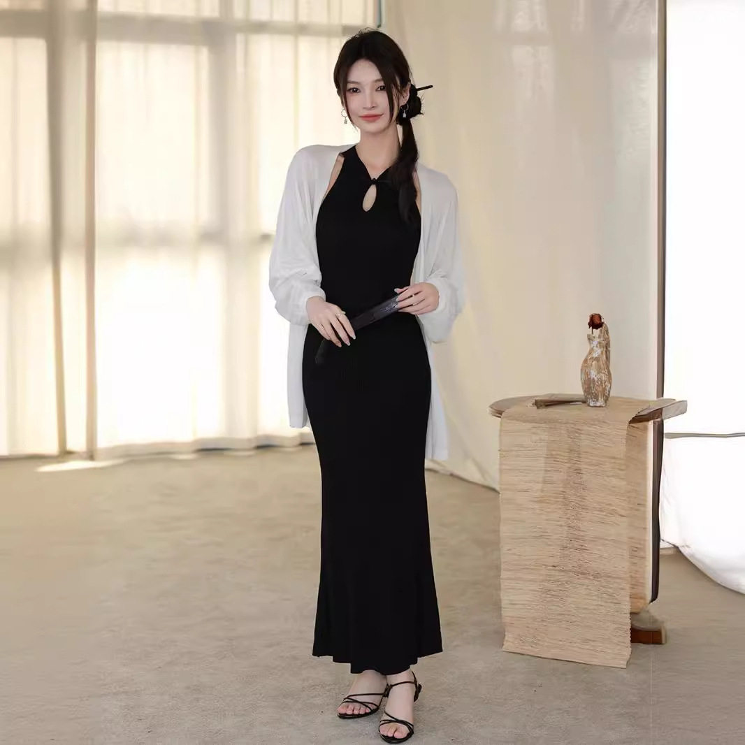 复古禅意风盘扣镂空旗袍背心裙夏季修身针织连衣裙无袖包臀长裙子