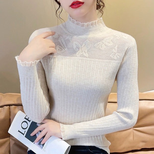 秋冬新款翻领黑色打底衫女内搭时尚洋气蕾丝半高领毛衣针织上衣潮