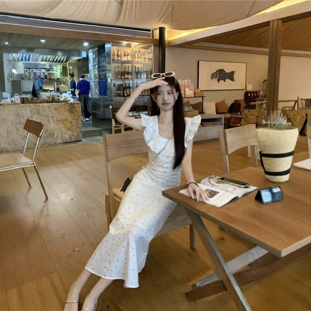 夏季法式小飞袖波点吊带连衣裙女