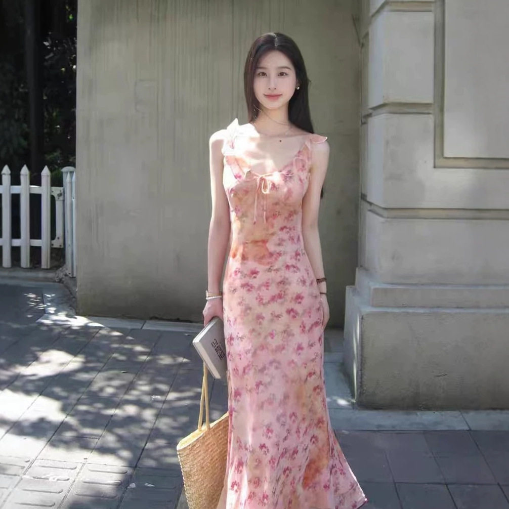 夏季法式甜美粉色碎花吊带连衣裙