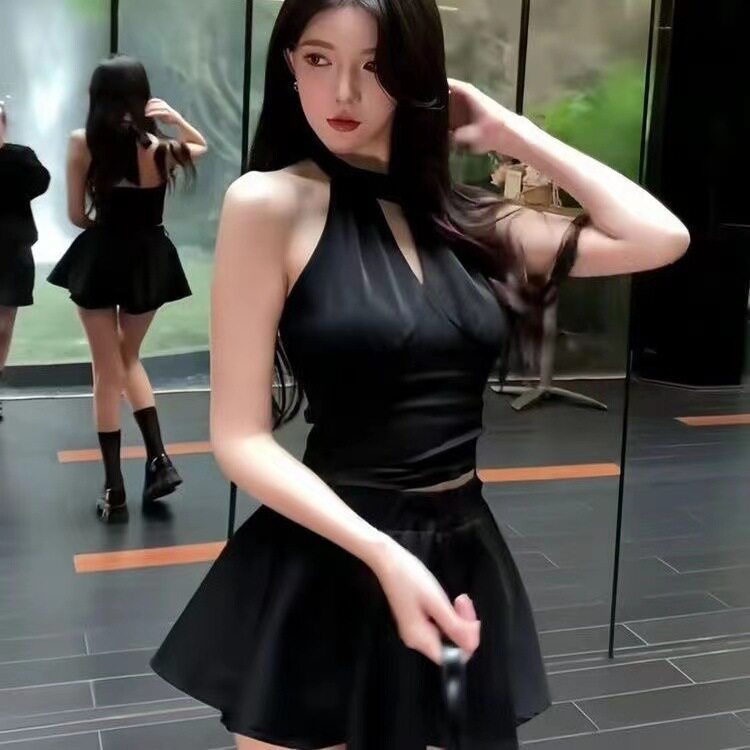 2026夏季新款黑色辣妹挂脖抹胸背心吊带甜辣上衣无袖裙子两件套女