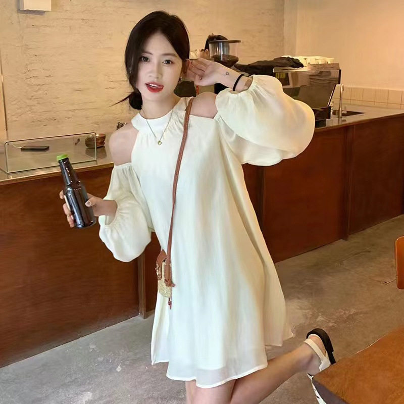 夏季法式茶歇露肩挂脖连衣裙女