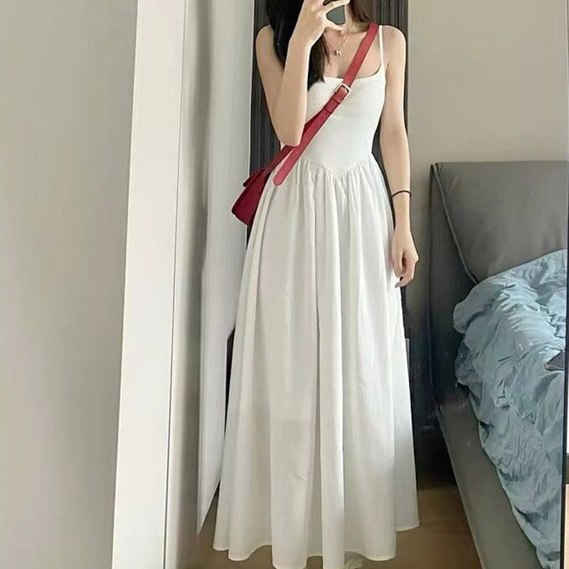 夏季法式方领吊带收腰显瘦连衣裙