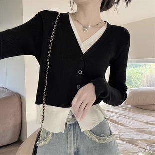 撞色V领短款针织开衫毛衣女秋冬内搭高级感独特别致小上衣假两件