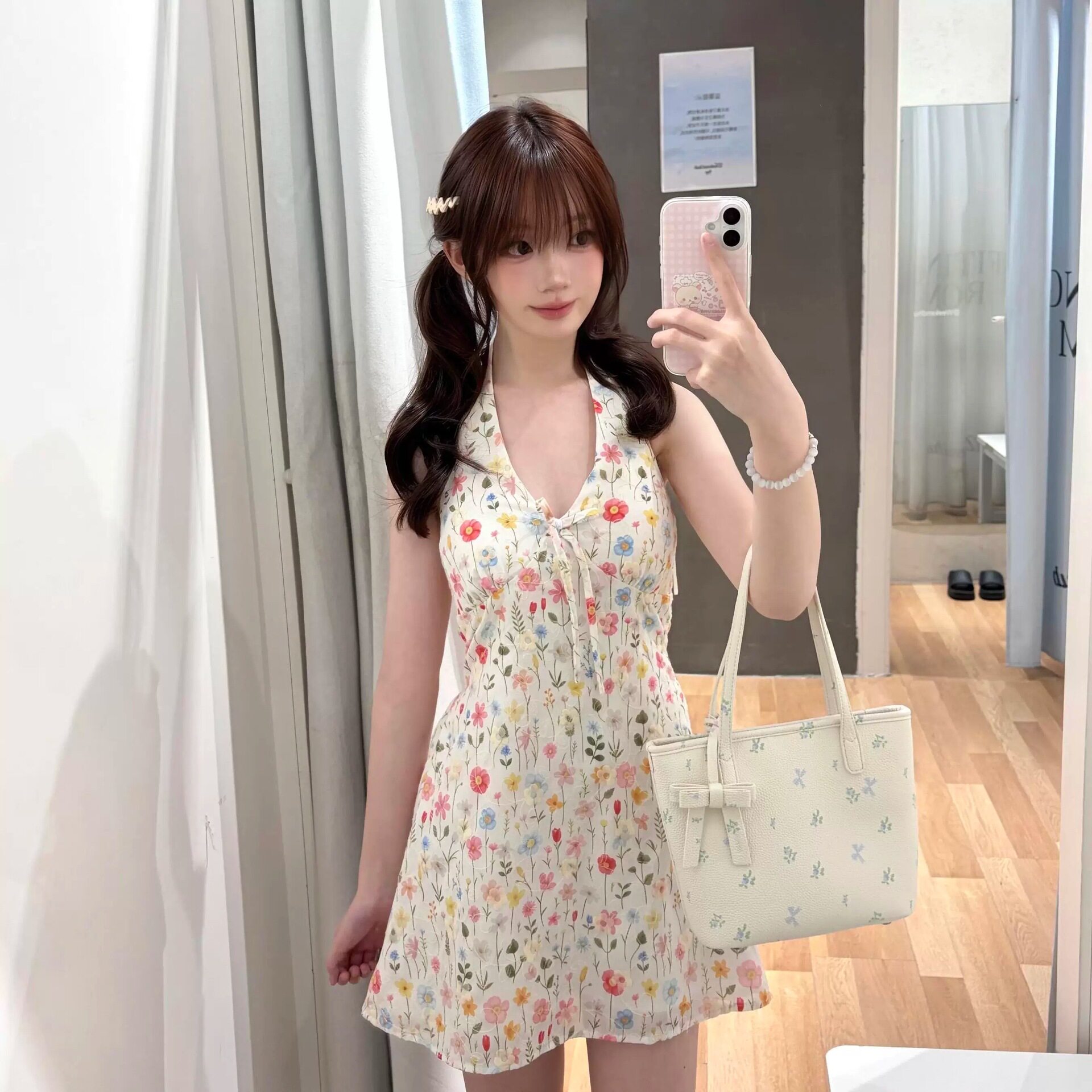 法式小碎花挂脖吊带度假连衣裙女