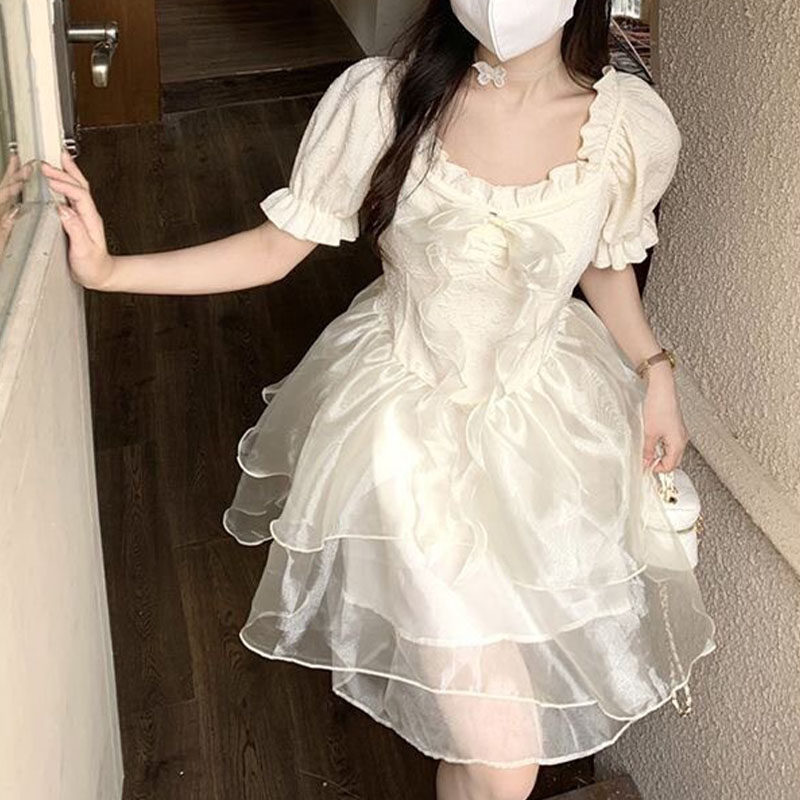 夏季甜美公主风蝴蝶结蓬蓬连衣裙