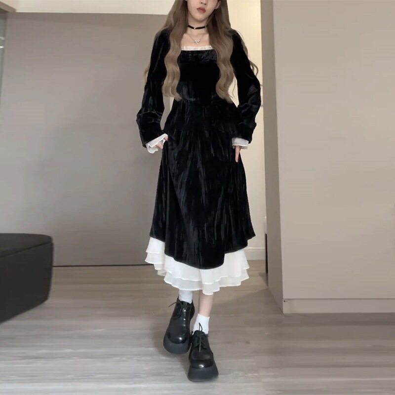 赫本风黑色丝绒修身显瘦连衣裙女