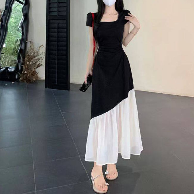 夏季赫本风撞色方领显瘦连衣裙女