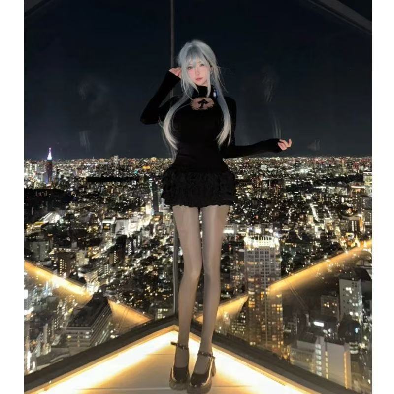秋季镂空十字架高领性感蓬蓬裙