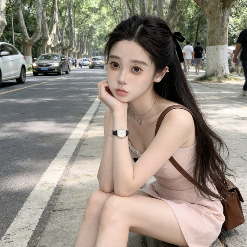 性感V领蝴蝶结吊带显瘦连衣裙女