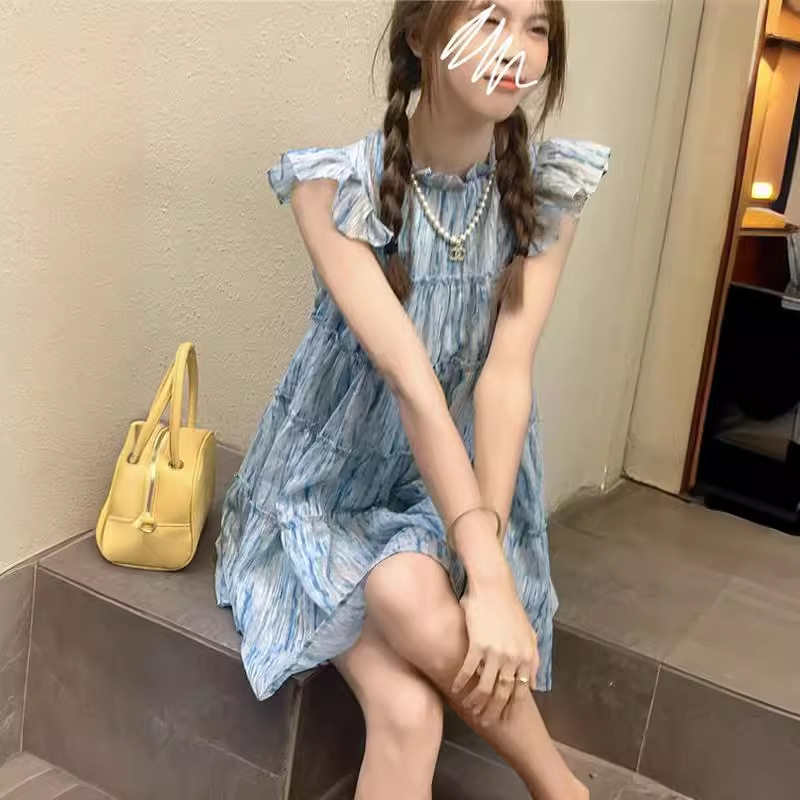夏季新款韩版高腰小飞袖连衣裙女