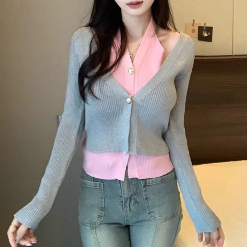 假两件V领长袖挂脖毛衣针织开衫女春秋时尚洋气百搭修身短款上衣