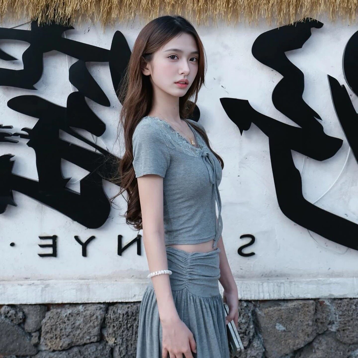 韩式夏季灰色蕾丝拼接修身连衣裙