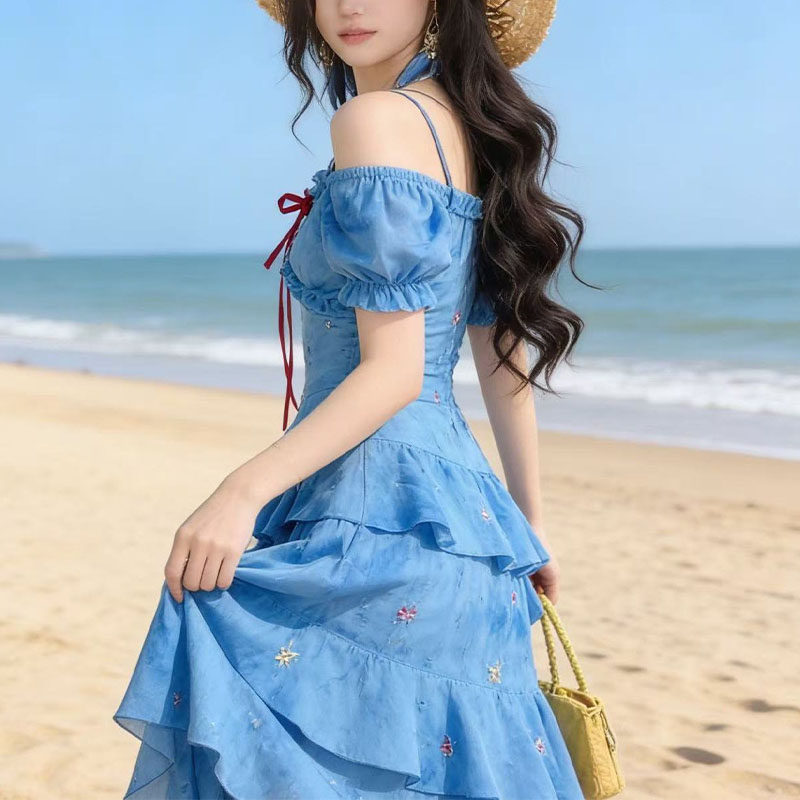 夏季一字肩碎花修身吊带连衣裙女