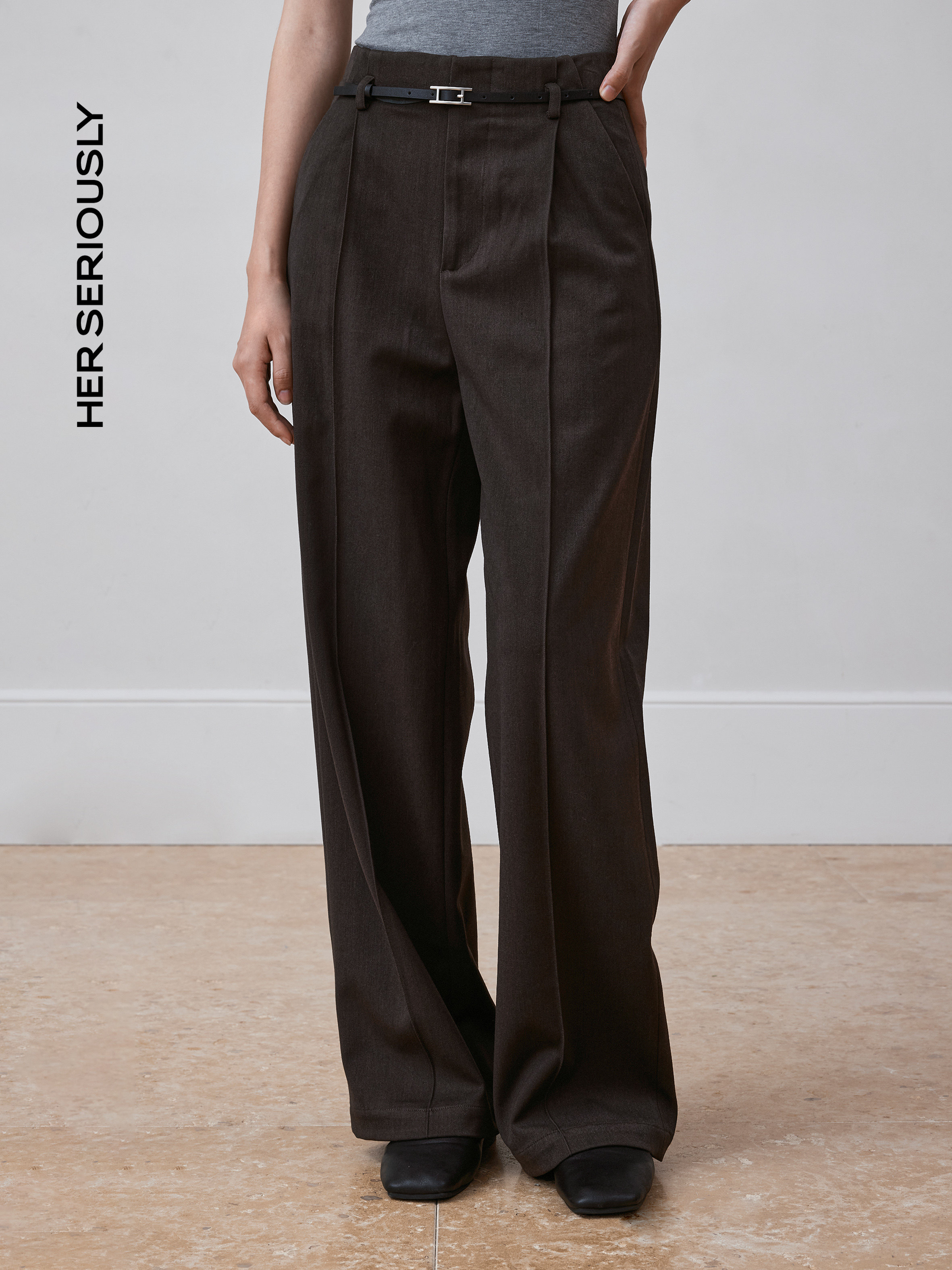 her seriously女夏羊毛混纺微弹加厚高腰直筒阔腿长裤通勤