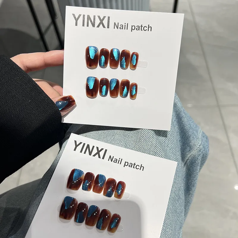 成品琥珀蓝猫眼穿戴美甲个性显白短款贴片 网红吟希假指甲