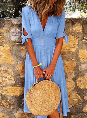 Short Sleeve Buttoned Waist Ruffle Skirt短袖排扣收腰荷叶边裙