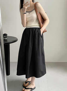 White cotton A-line umbrella skirt 白色棉质带口袋A字遮胯伞裙