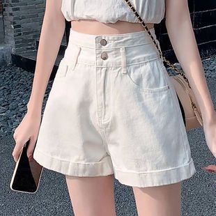 高腰纽扣卷边白色牛仔短裤White denim shorts with rolled edges