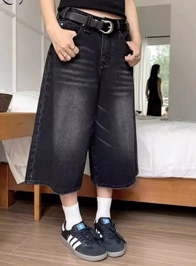 美式阔腿牛仔七分裤 American wide leg black denim capri pants