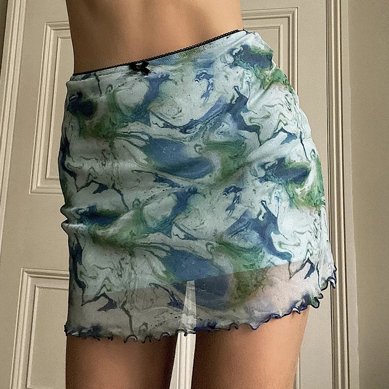 Printed Mesh High Waist Pack Hip Skirt女士印花网纱高腰包臀裙