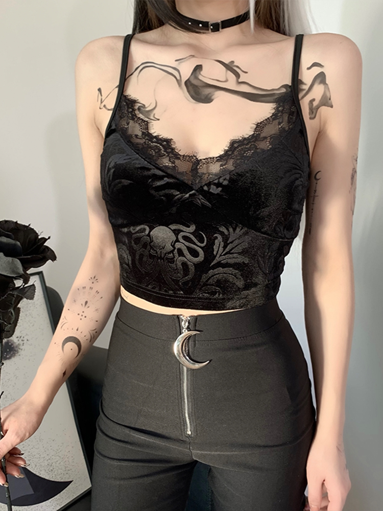 womens dark lace trim camisole女生性感 露脐蕾丝花边吊带背心