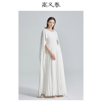 真丝素白暗纹花罗收腰礼服裙