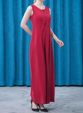 30姆米真丝重磅无袖不对称钉珠熟女红色阔腿桑蚕丝连衣裤