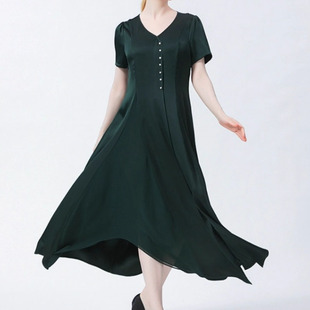 真丝重磅40姆米双面缎绿桃心领短袖钉珠乔其拼接桑蚕丝连衣裙