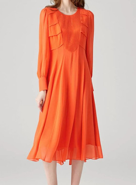 桑蚕丝乔其纱橙色圆领长袖风琴褶活页淑女显瘦双层真丝连衣裙
