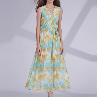 100%桑蚕丝乔其纱黄石绿翡翠V领塔克褶绑带收腰优雅无袖 连衣裙