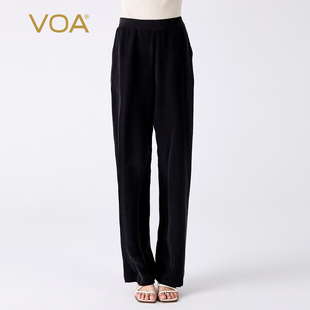 VOA30姆米重磅桑蚕丝黑色松紧腰口袋运动休闲百搭垂感真丝直筒裤