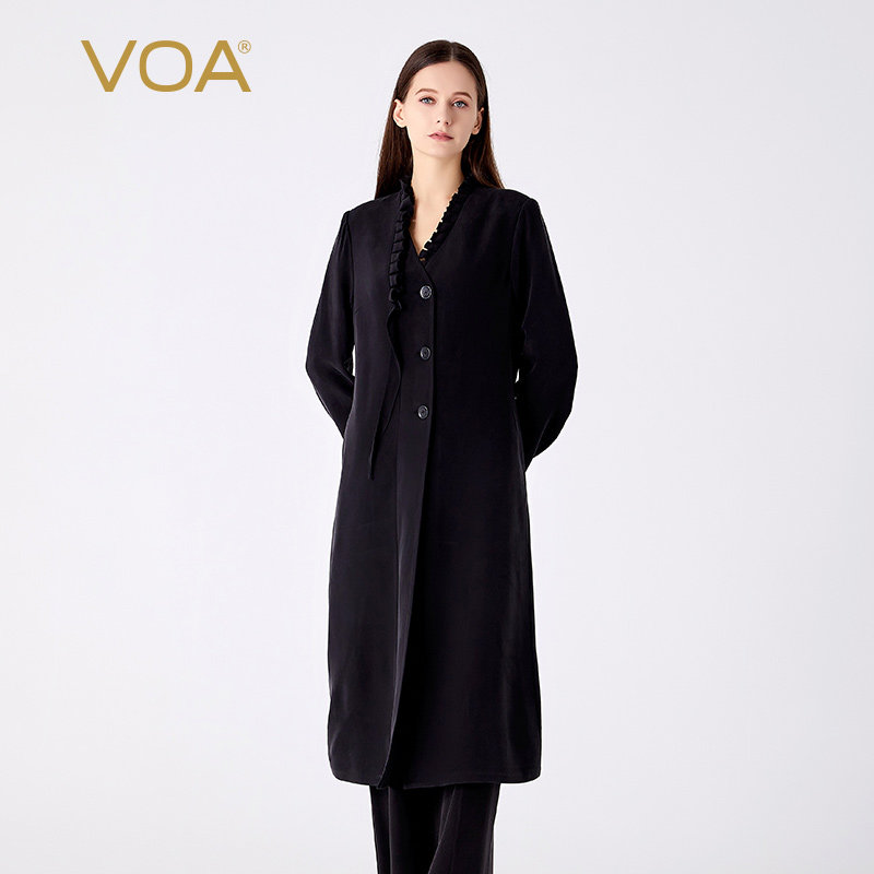 VOA30姆米重磅桑蚕丝黑色木耳边V领长袖三粒扣开叉百搭真丝风衣女