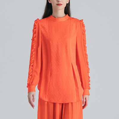岸香丝缕橘红色暗纹提花T恤