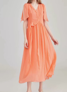 100%真丝双层乔其纱粉橙色V领不对称飘带开叉飞飞袖甜美连衣裙